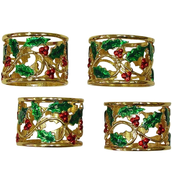 Lenox Other - New Lenox Holiday Green Holly & Red Berries in Gold Napkin Rings Set of 4